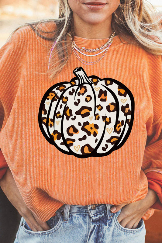 Leopard Pumpkin Graphic Corded Sweatshirt