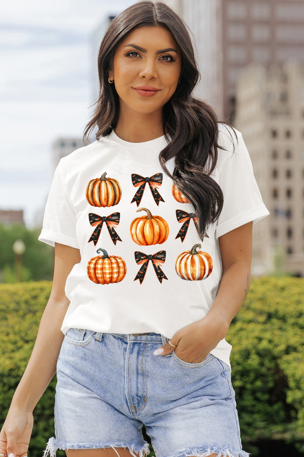 Halloween Pumpkin Bow Knot Graphic Crew Neck Tee