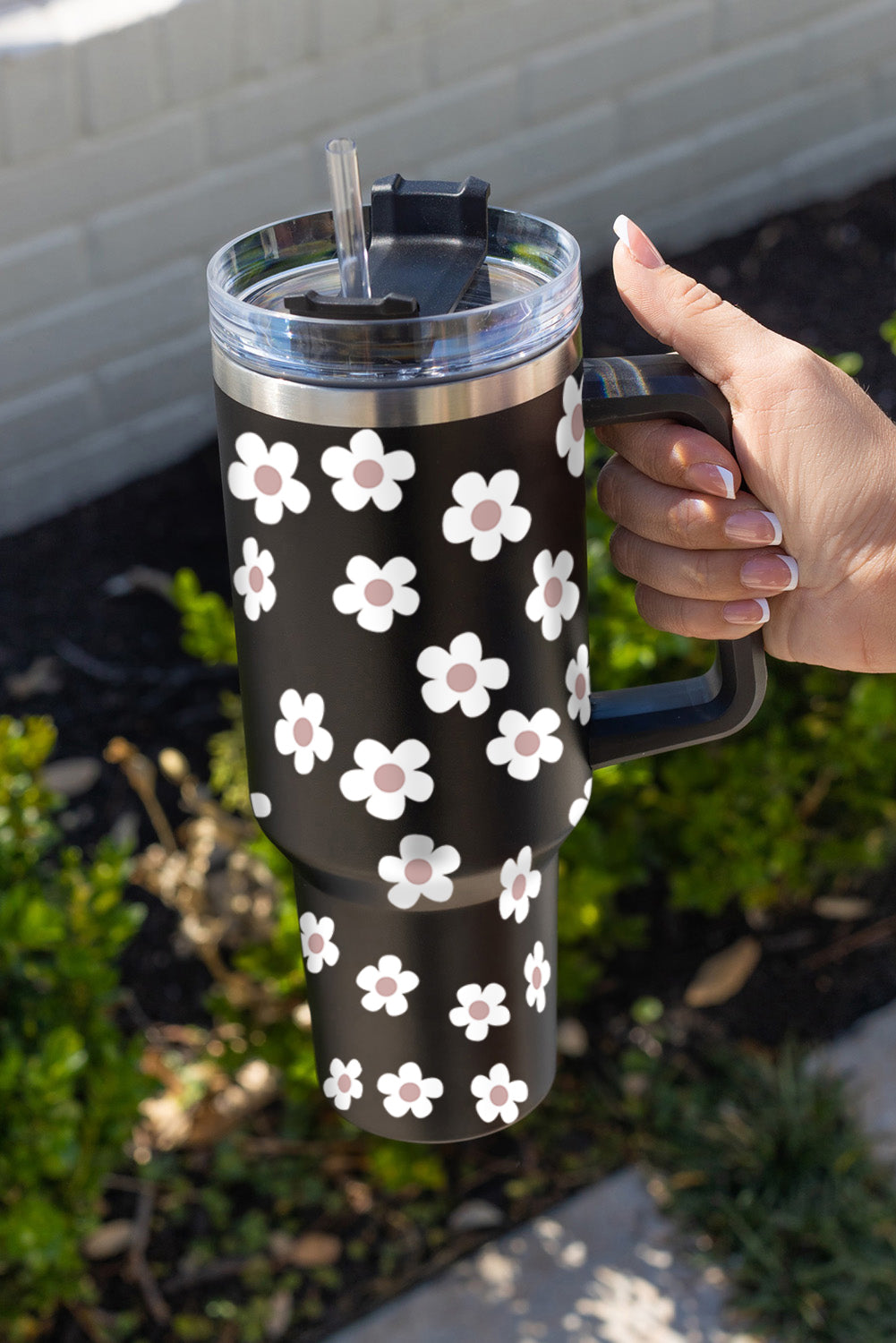 Black Floret Print Stainless Tumbler With Lid And Straw