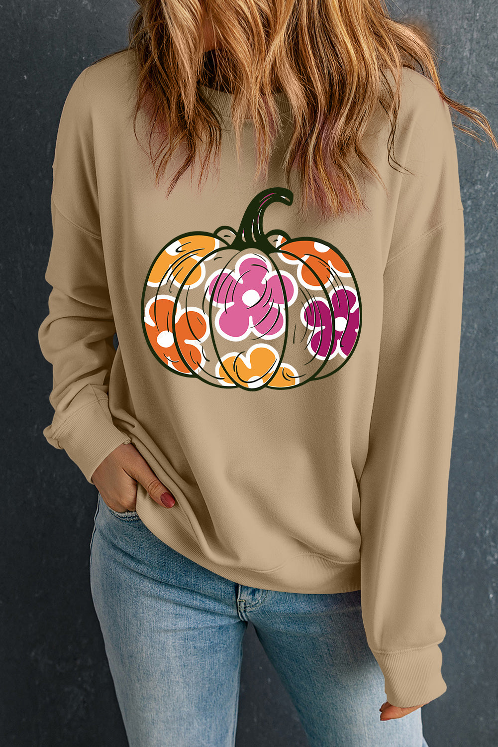 Halloween Floral Pumpkin Graphic Drop Shoulder Sweatshirt