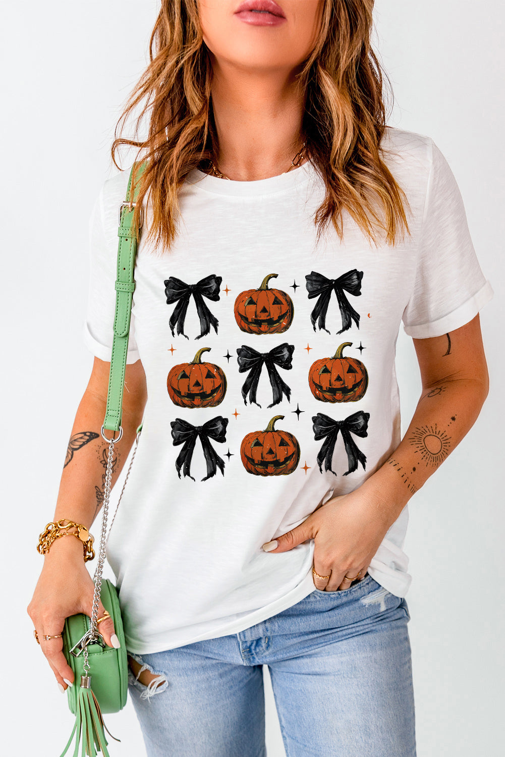 Halloween Pumpkin Face Bowknot Graphic T Shirt