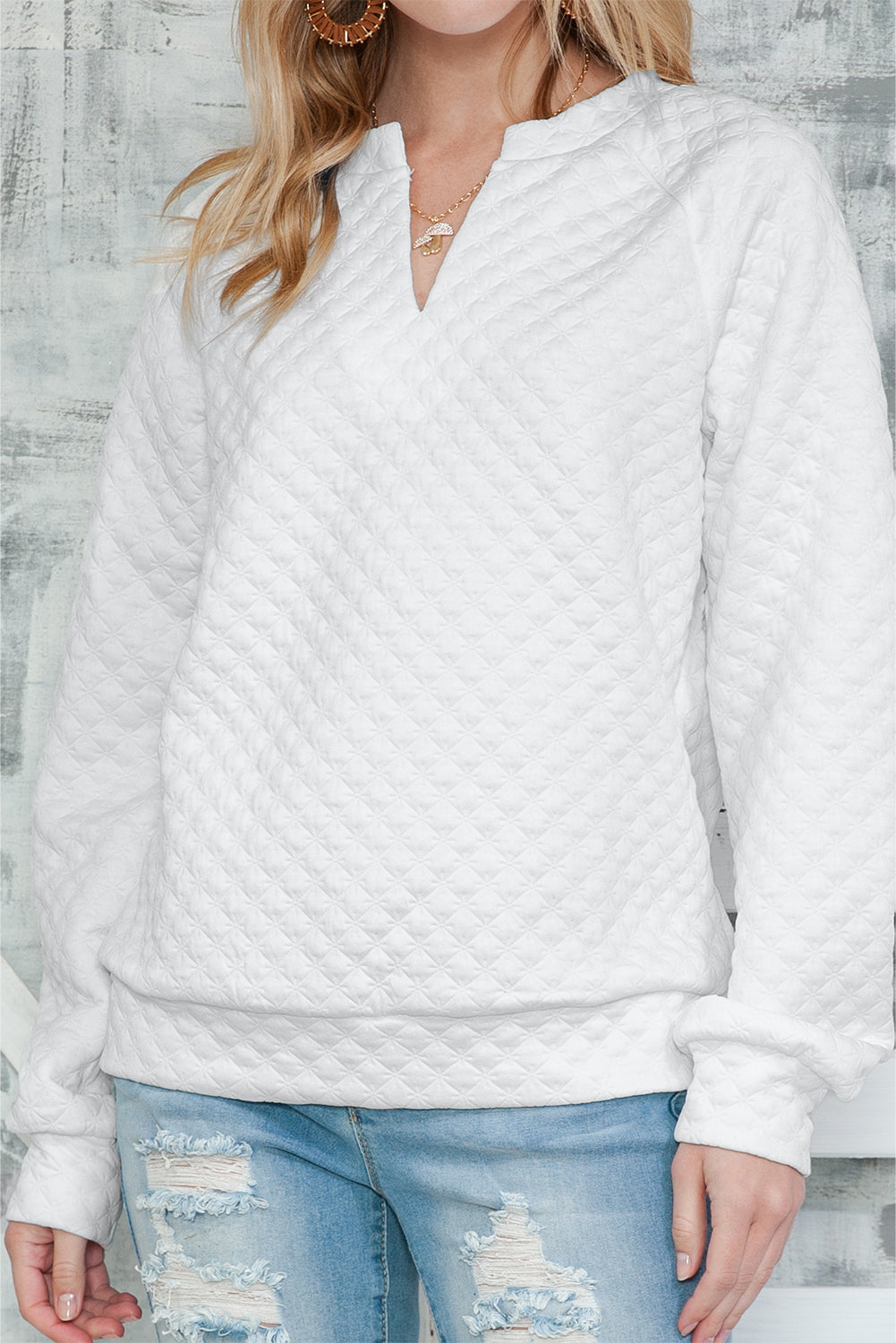 Quilted V-Neck Solid Color Long Sleeve Top