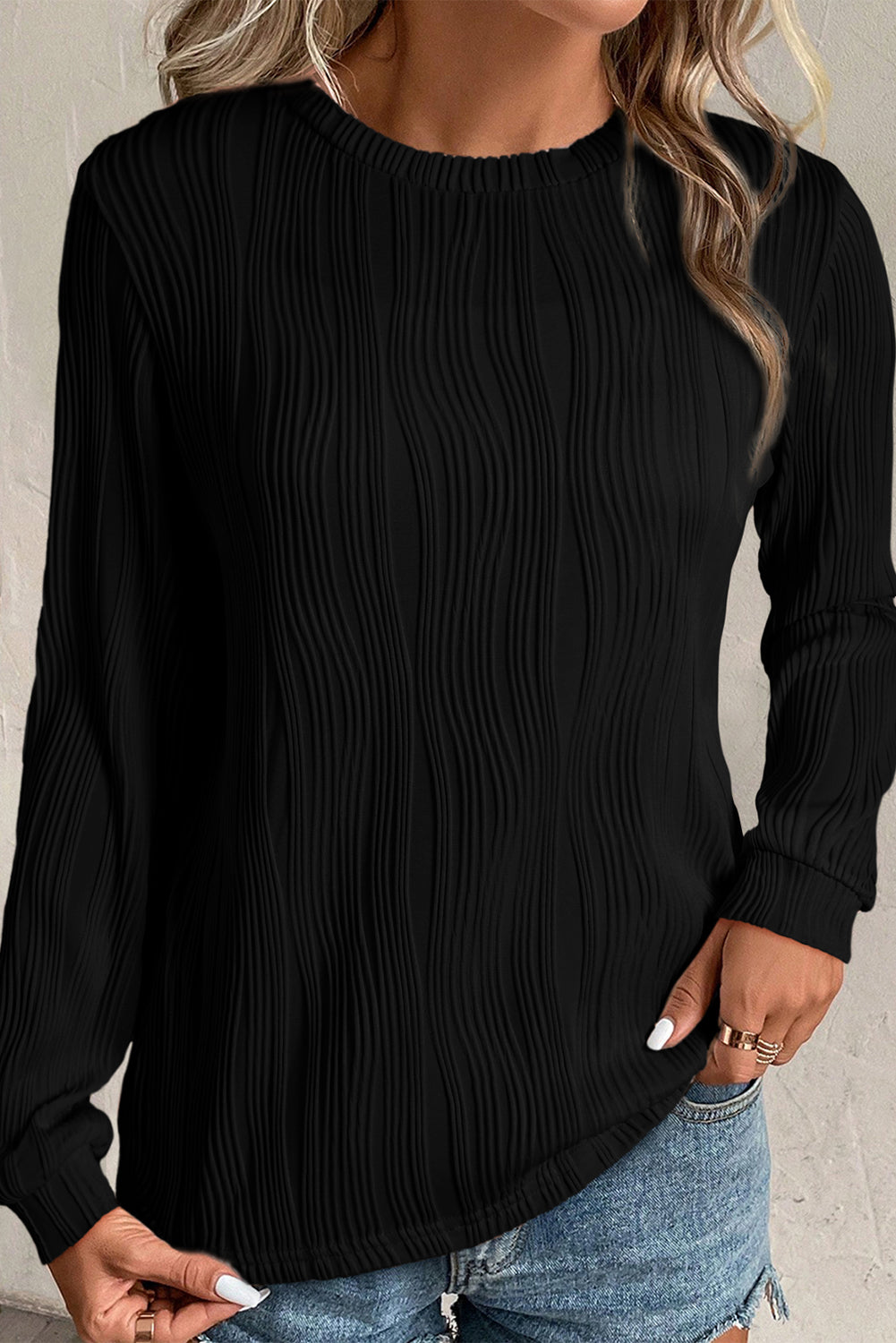 Wavy Textured Solid Color Drop Shoulder Pullover Top