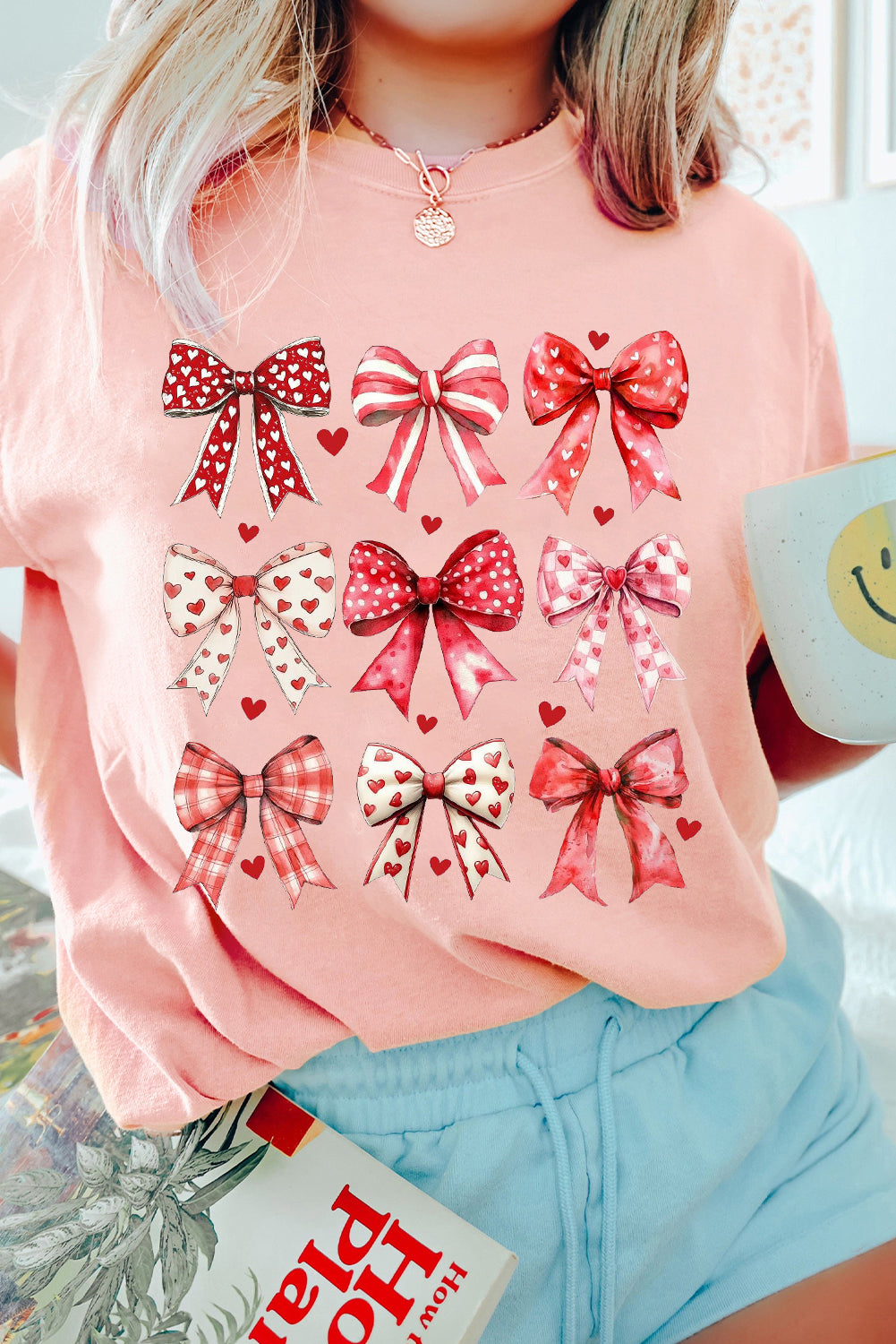 Pink Cute Heart Bow Graphic Round Neck Valentines T Shirt