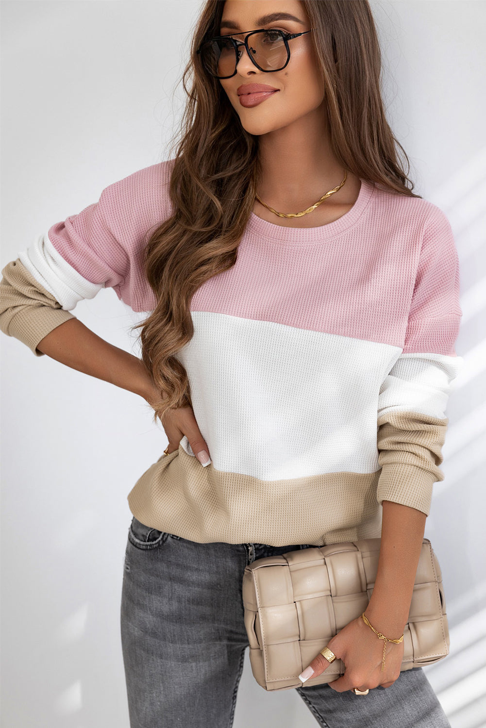 Pink Colorblock Waffle Knit Long Sleeve Top