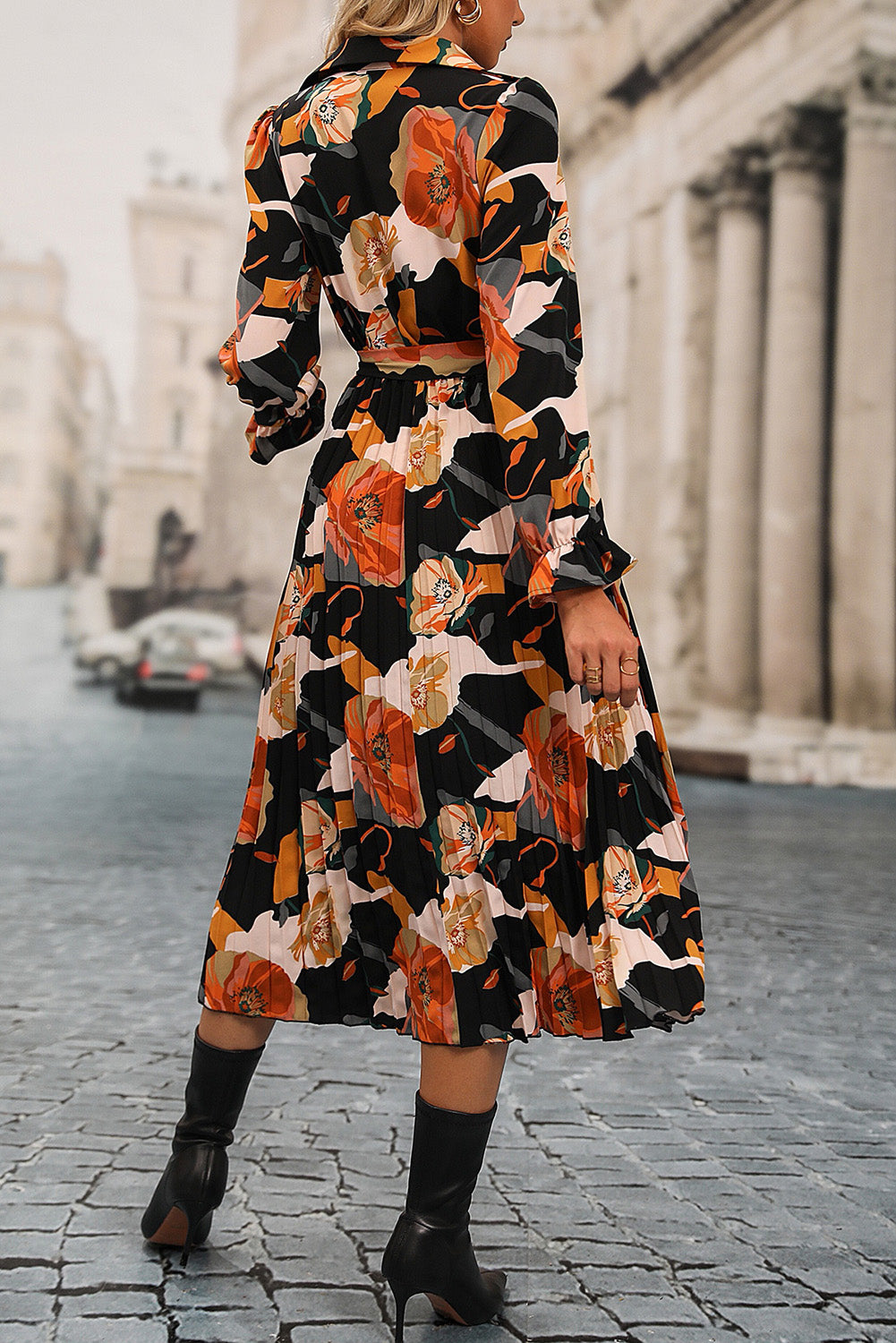 Floral Print Waist Tie Pleated Midi Shirt Dress