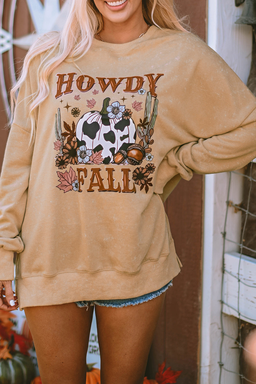 Khaki HOWDY FALL Pumpkin Print Split Hem Sweatshirt