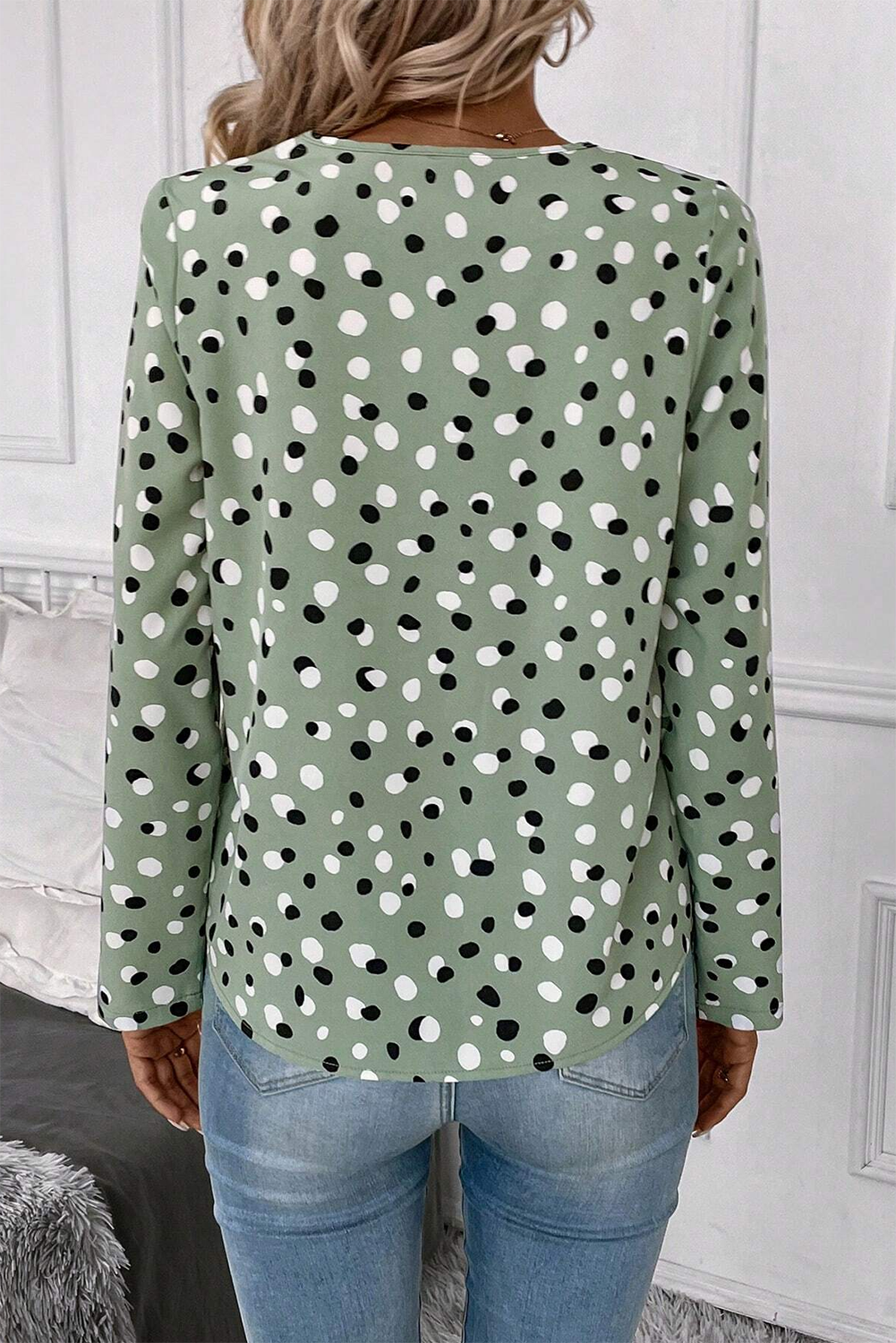 Dotted Print Button Front V Neck Blouse