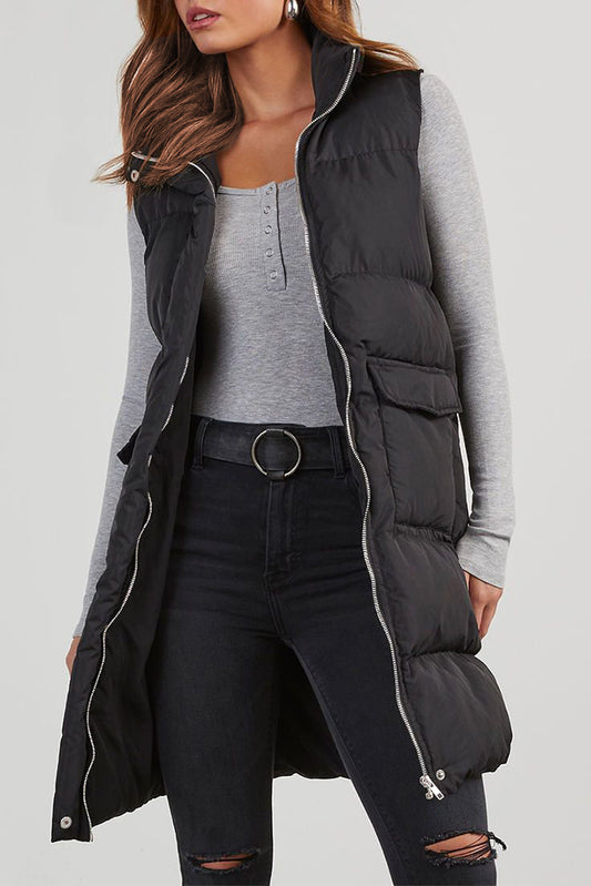 Solid Color Puffer Zip Up Pocketed Vest Coat