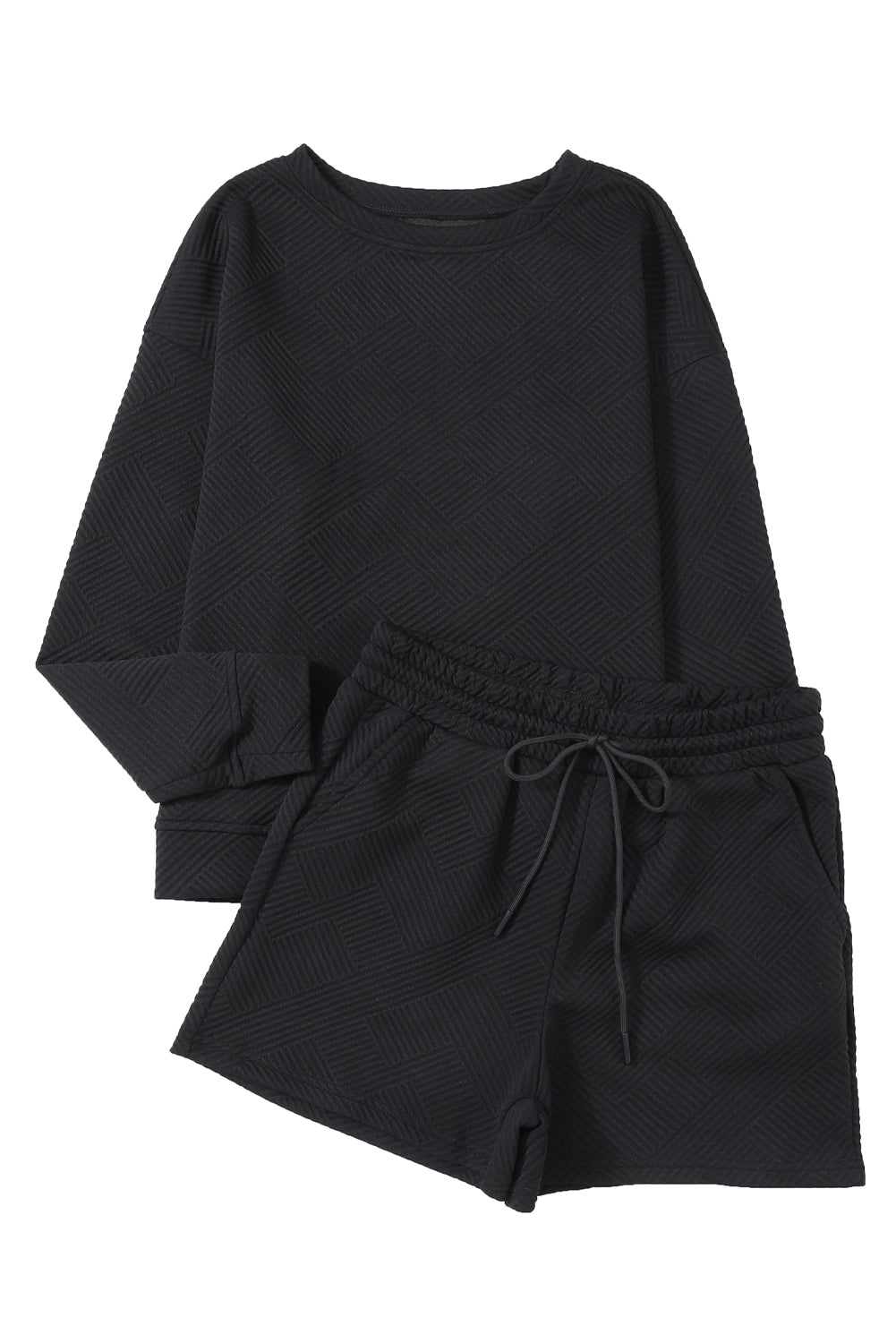 Navy Blue Textured Long Sleeve Top and Drawstring Shorts Set