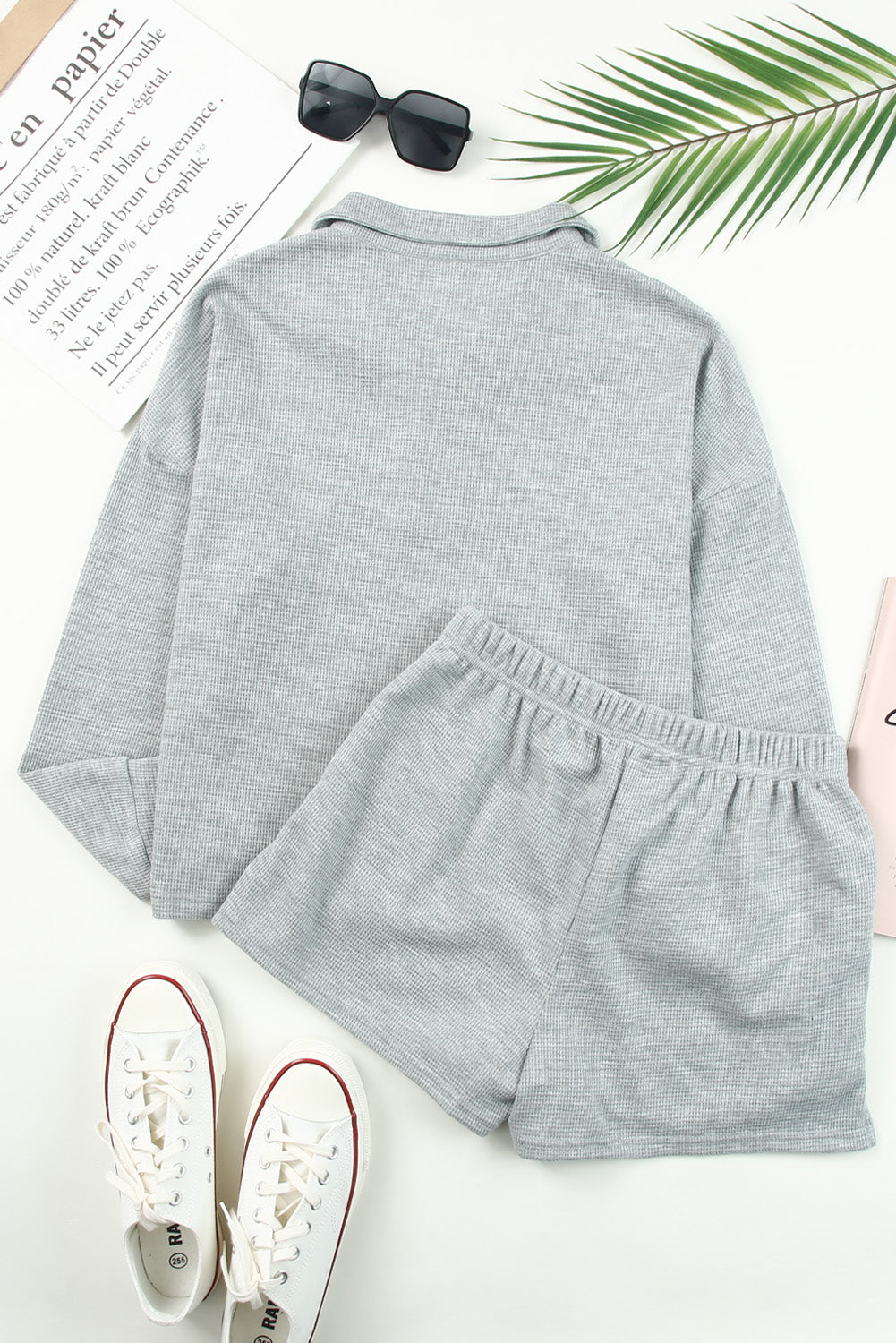 White Ribbed Zipper Sweatshirt and High Waist Shorts Set