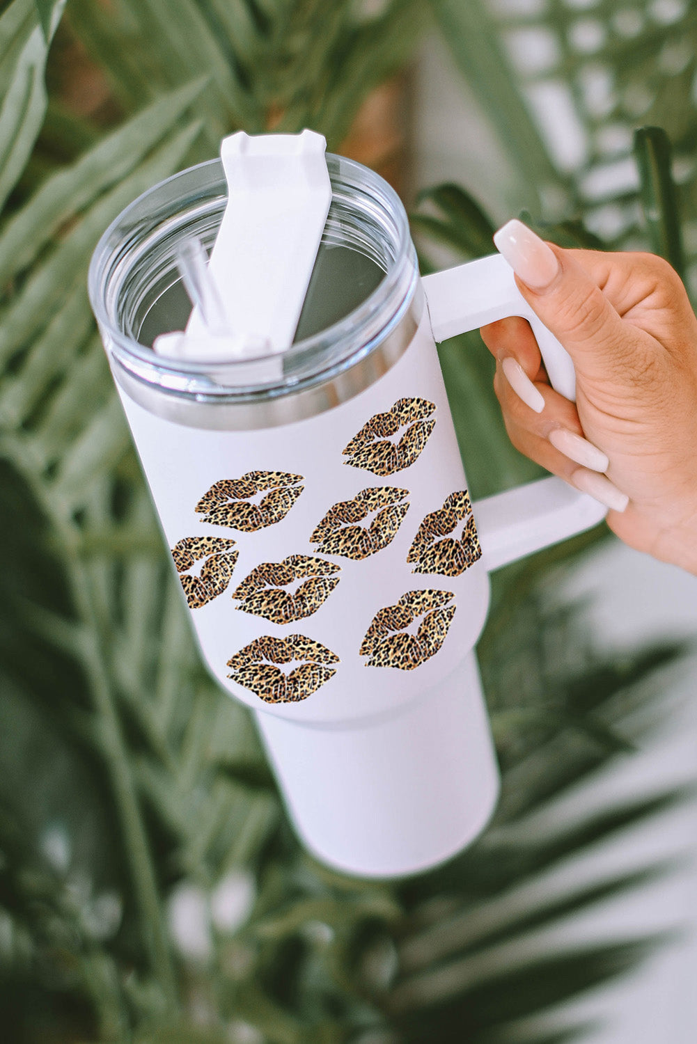 White Valentine Leopard Lips Print Thermos Cup with Straw
