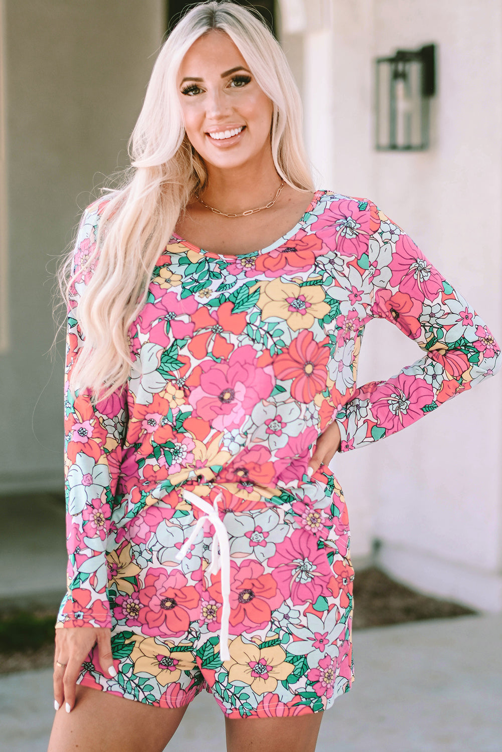Multicolor Flower Print Pullover and Drawstring Shorts Lounge Set