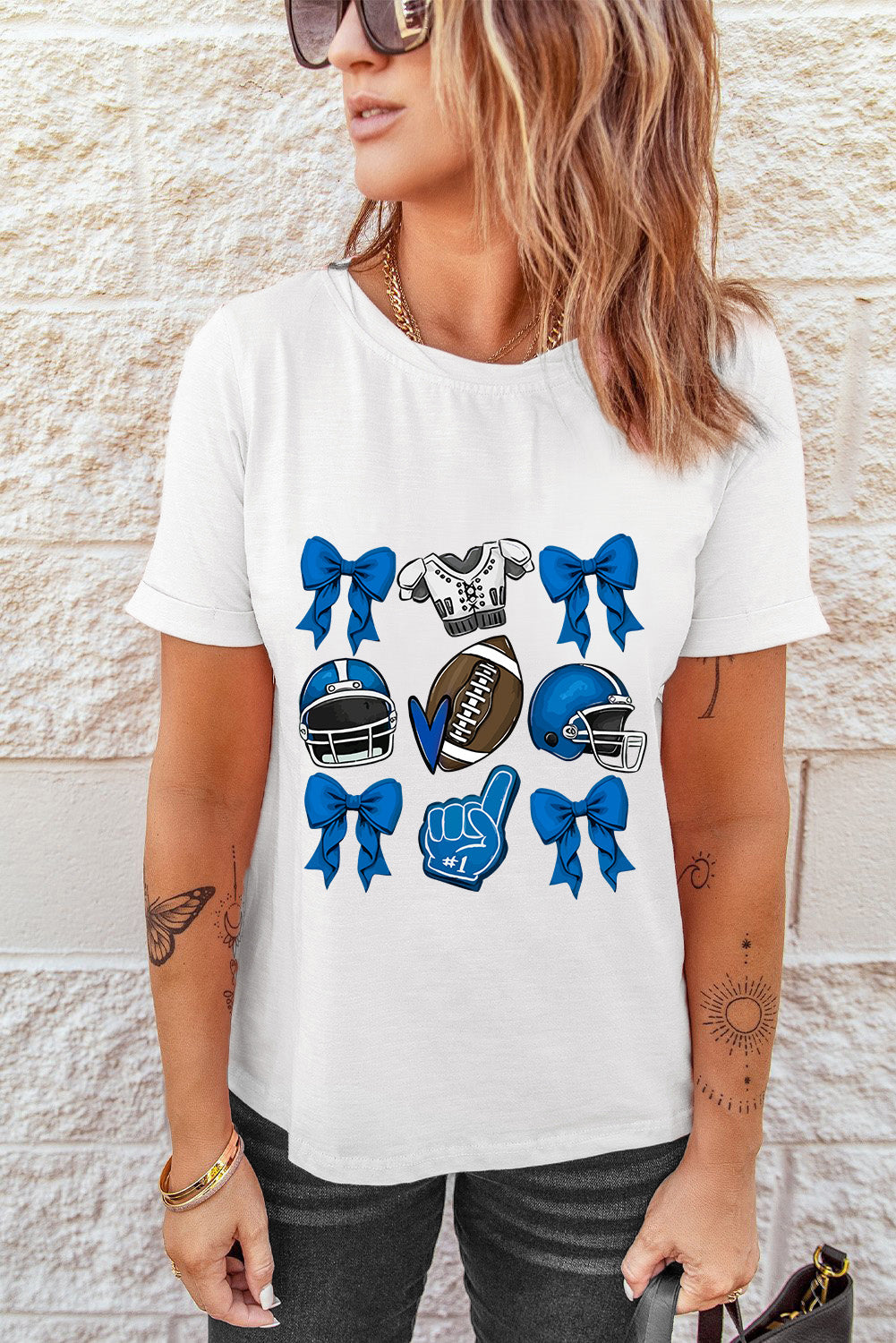 White-2 Rugby Cheer Helmet Bow Graphic Tee