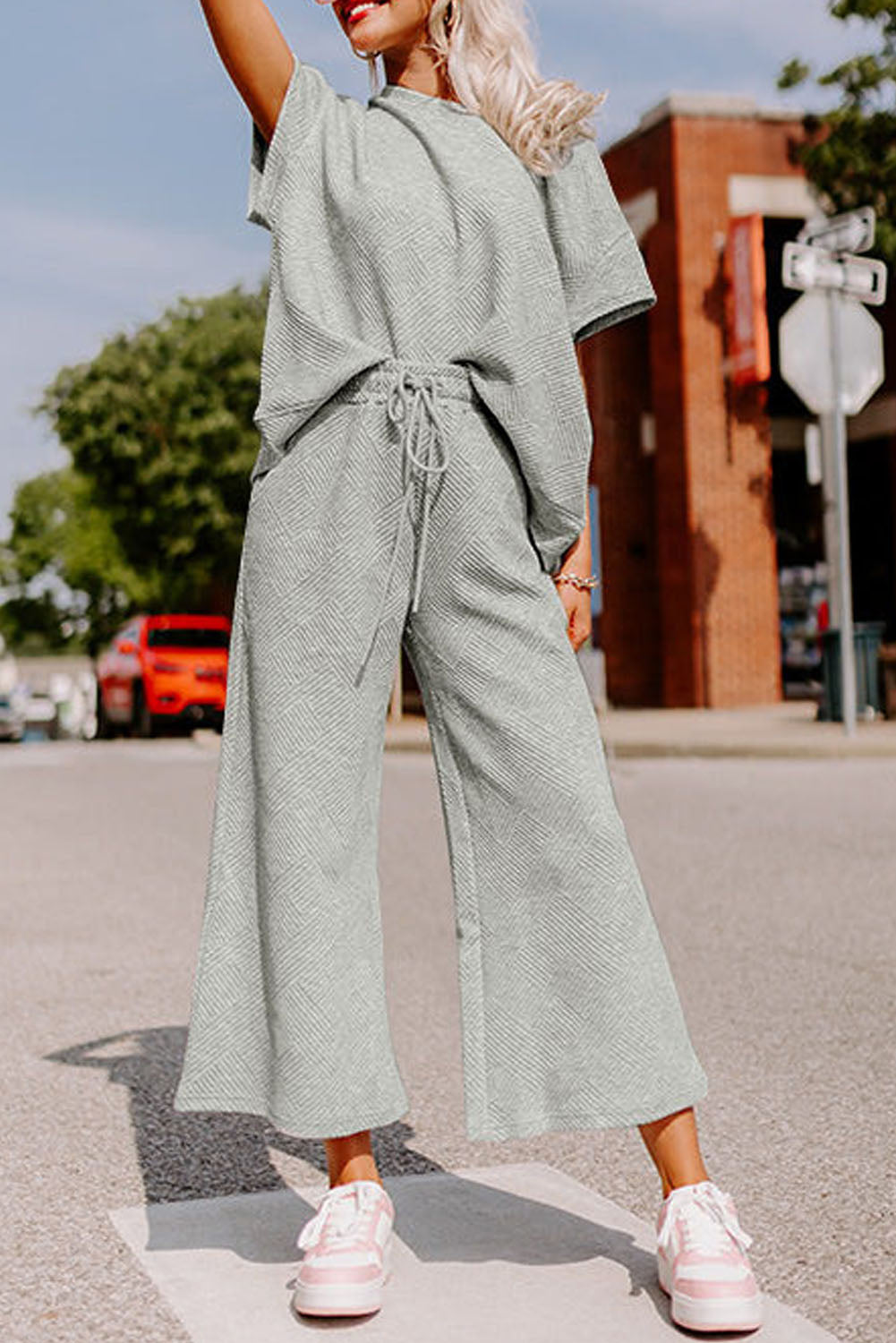 White Textured Long Sleeve Top and Drawstring Shorts Set