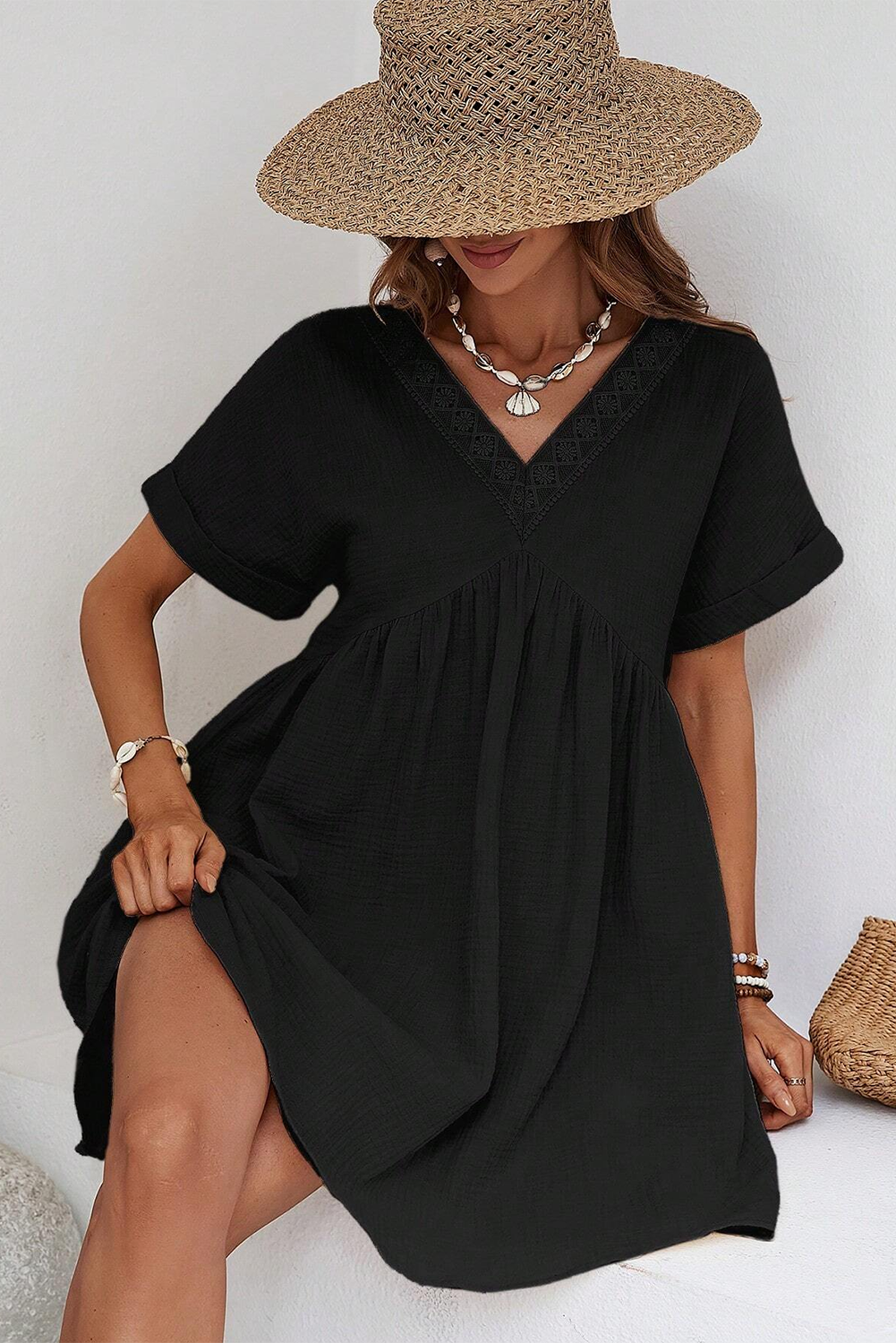 Folded Short Sleeve Lace V Neck Mini Dress