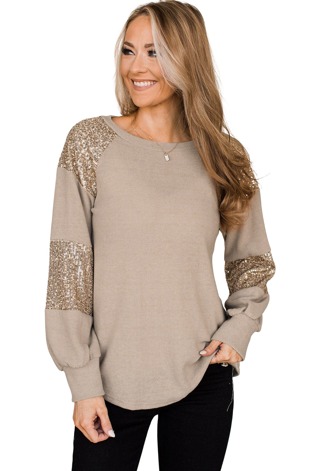 Light French Beige Sequin Patched Long Sleeve Top