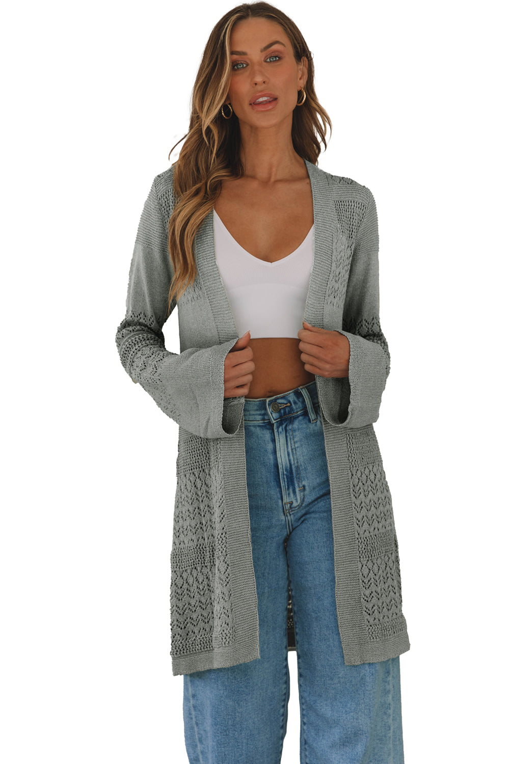 Black Pointelle Knit Open Front Cardigan