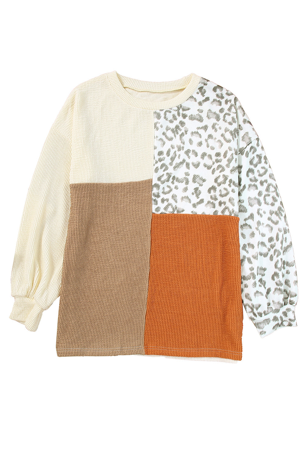 Leopard Patchwork Color Block Ribbed Long Sleeve Top