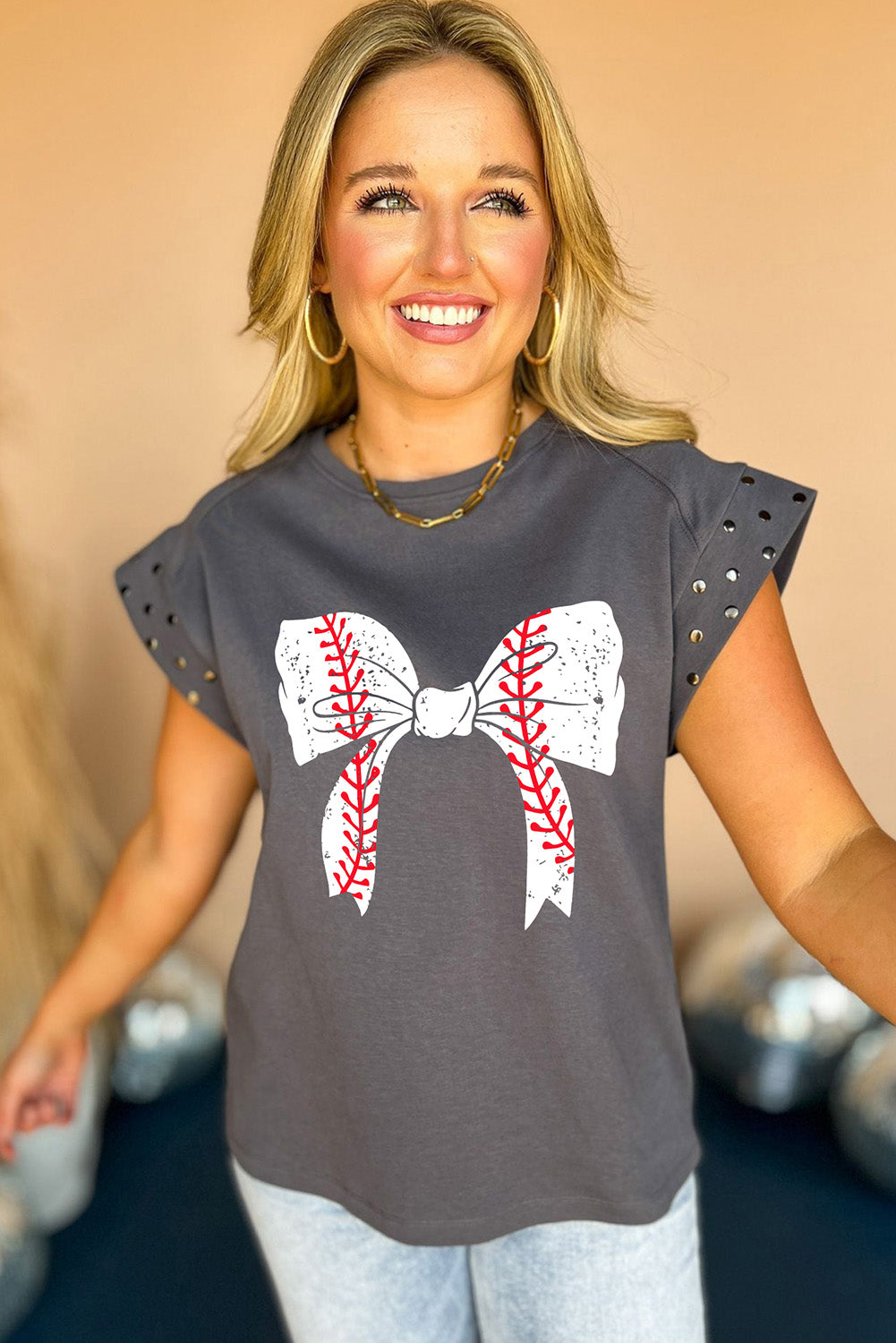 Dark Grey Baseball Bow Knot Graphic Studded Sleeve T Shirt