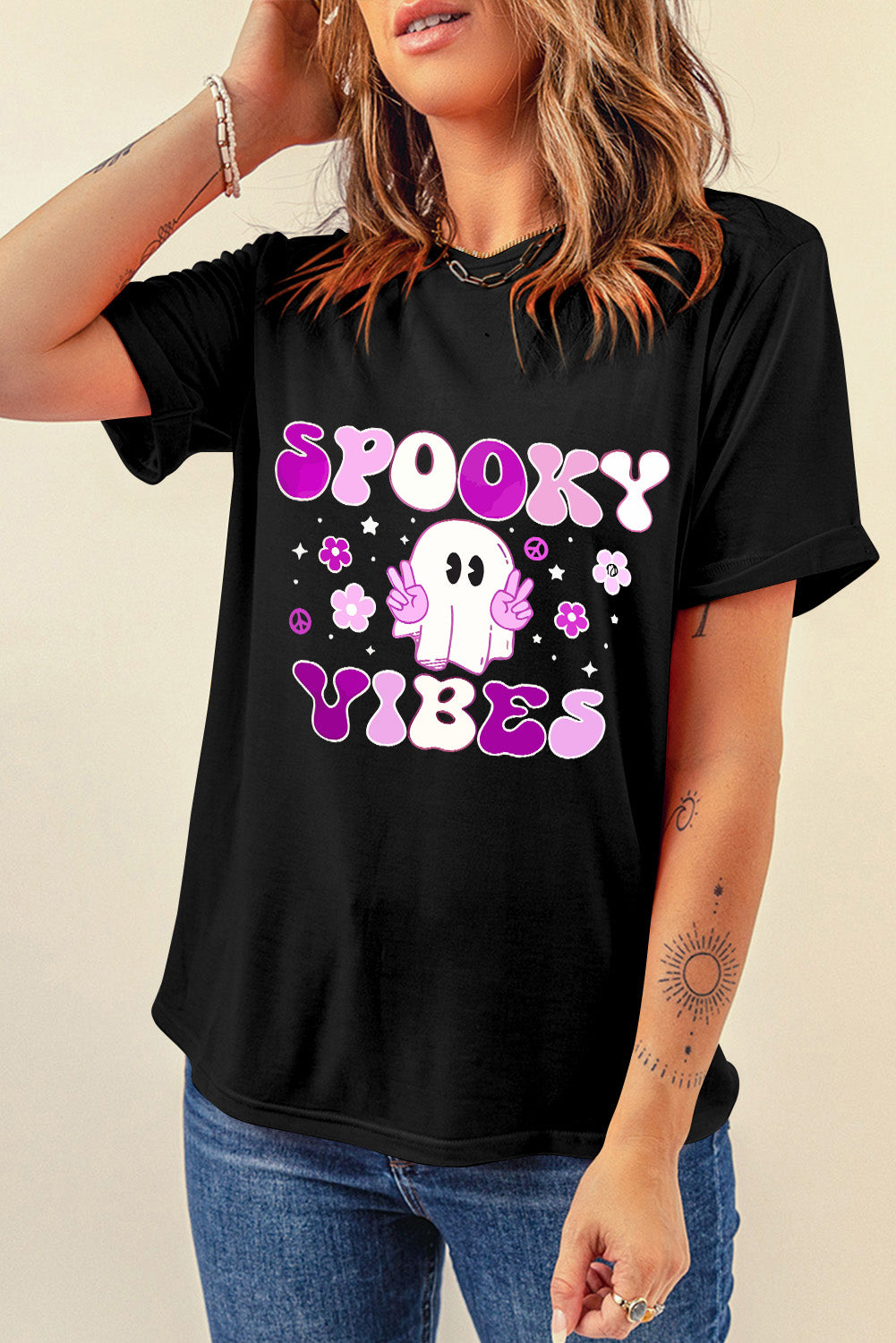 SPOOKY VIBES Ghost Flower Graphic Crew Neck T Shirt