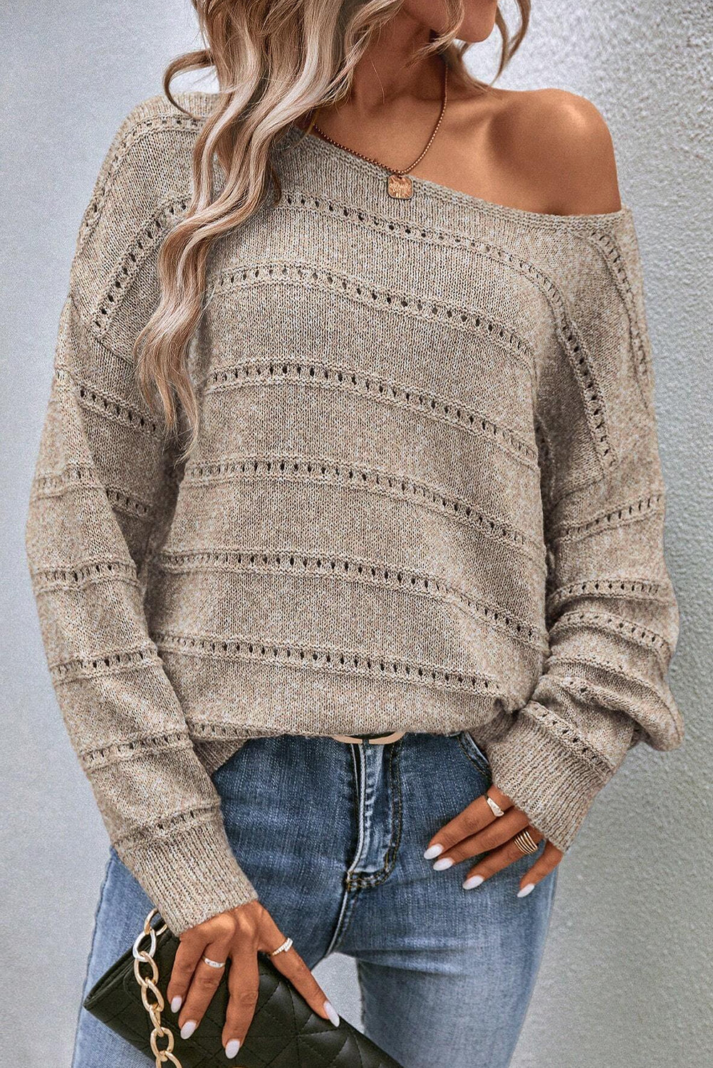 Boat Neck Drop Shoulder Pointelle Knit Sweater