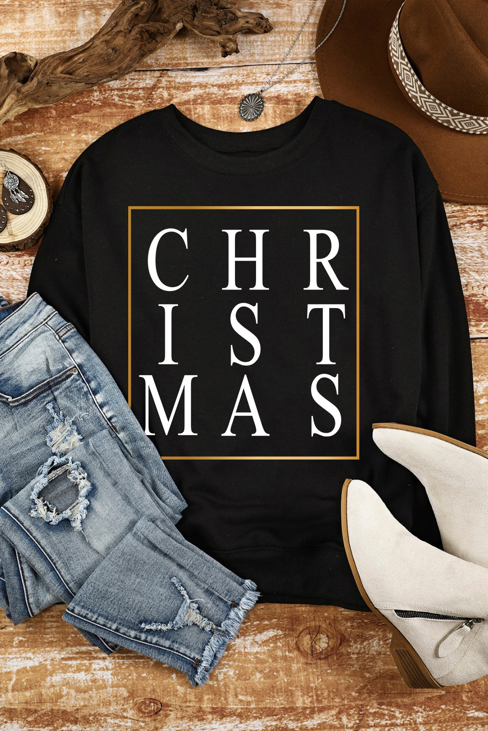 Black CHRISTMAS Glitter Print Crew Neck Graphic Sweatshirt