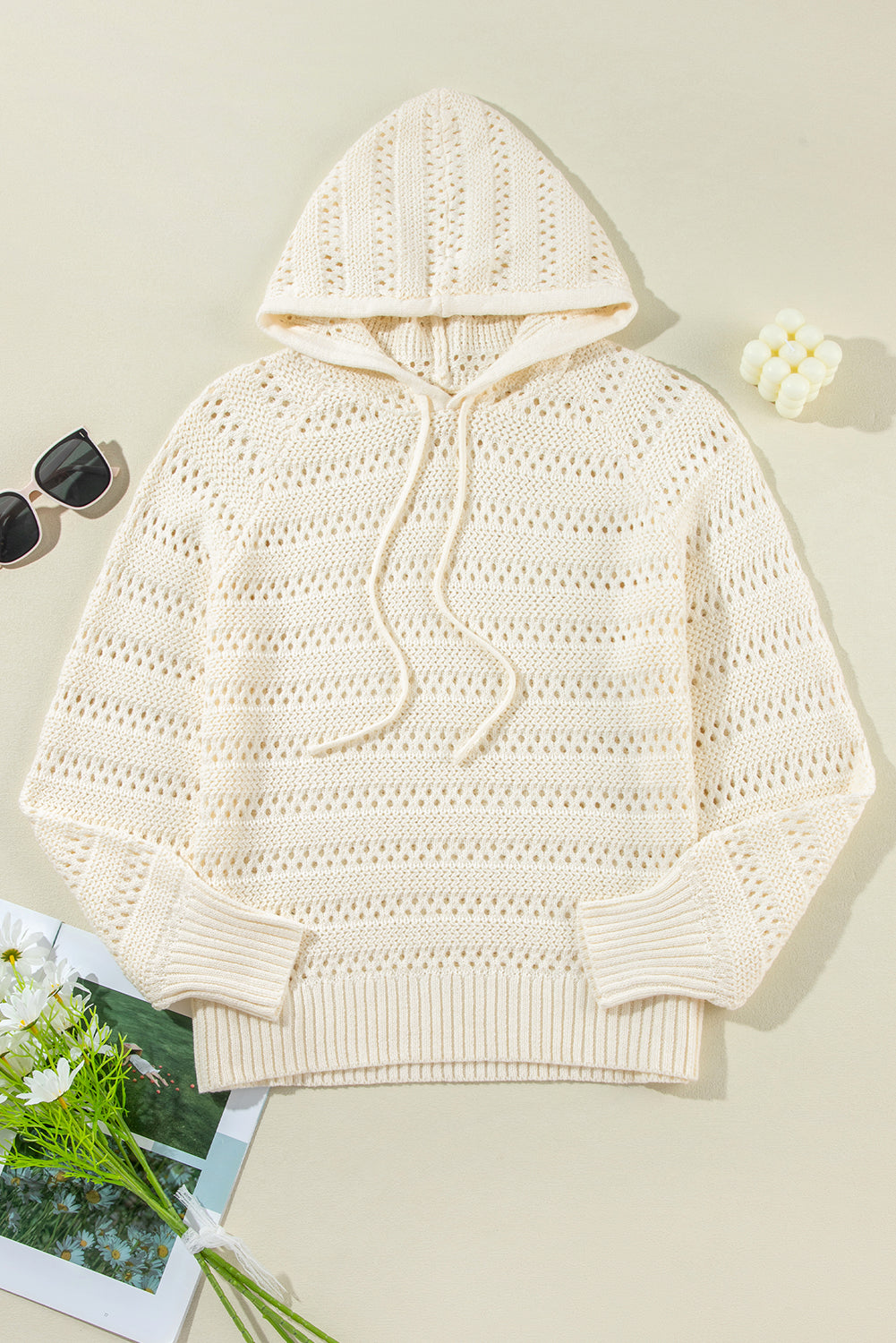 Pointelle Knit Raglan Sleeve Drawstring Hooded Sweater