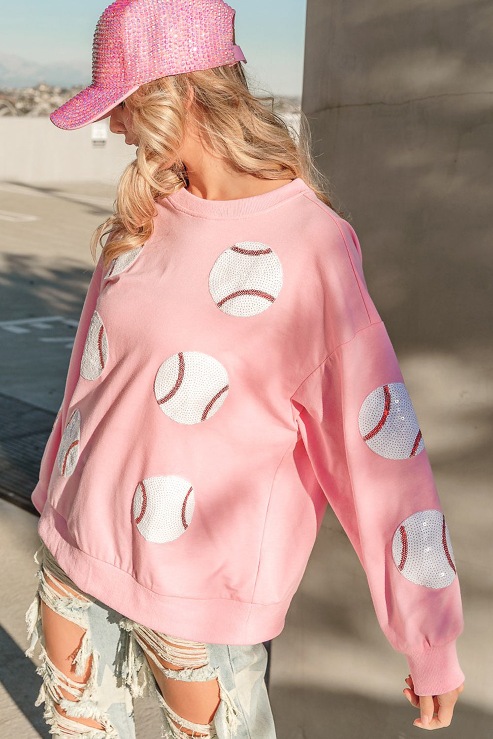 Pink Sequin Baseball Graphic Drop Sleeve Sweatshirt