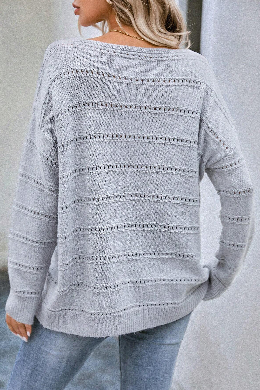 Boat Neck Drop Shoulder Pointelle Knit Sweater