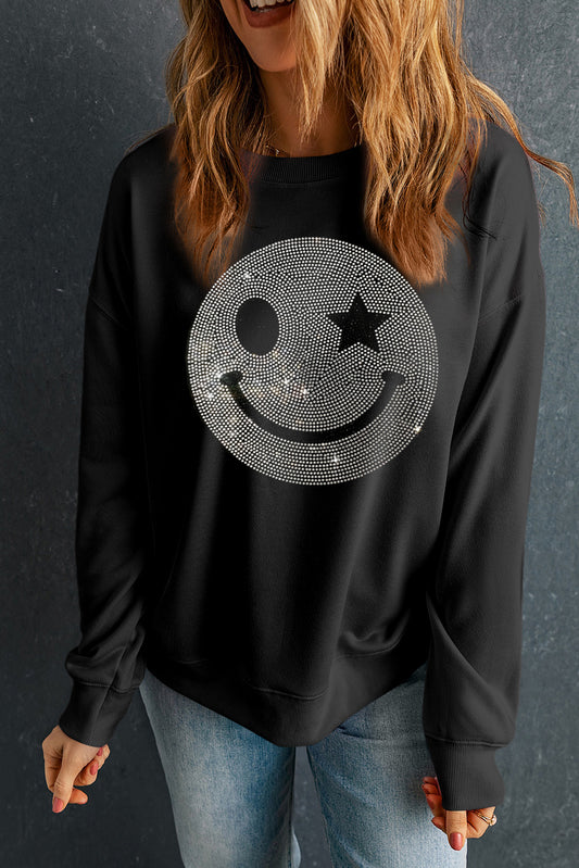 Rhinestone Smile Face Graphic Drop Shoulder Sweatshirt