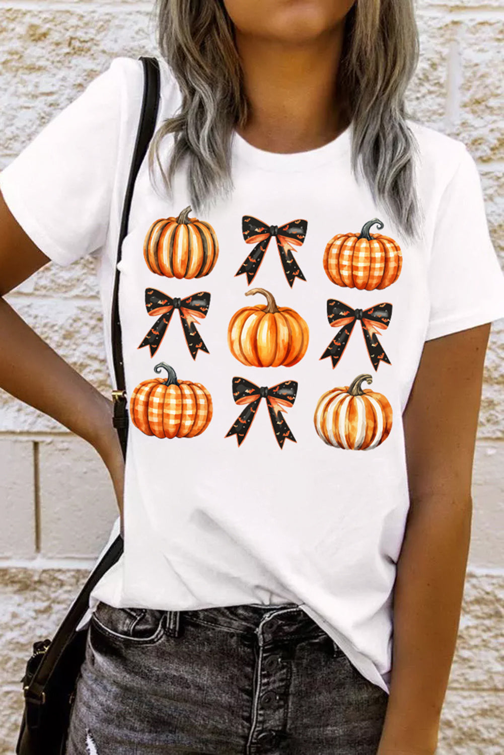 Halloween Pumpkin Bow Knot Graphic Crew Neck Tee