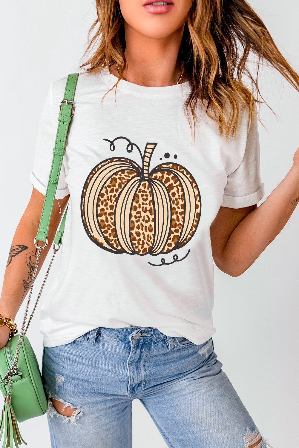 Halloween Leopard Pumpkin Graphic Crewneck T Shirt