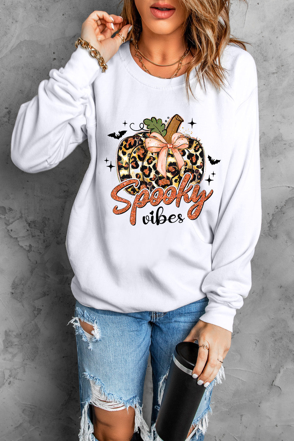 Beige Spooky Leopard Pumpkin Print Crew Neck Graphic Sweatshirt