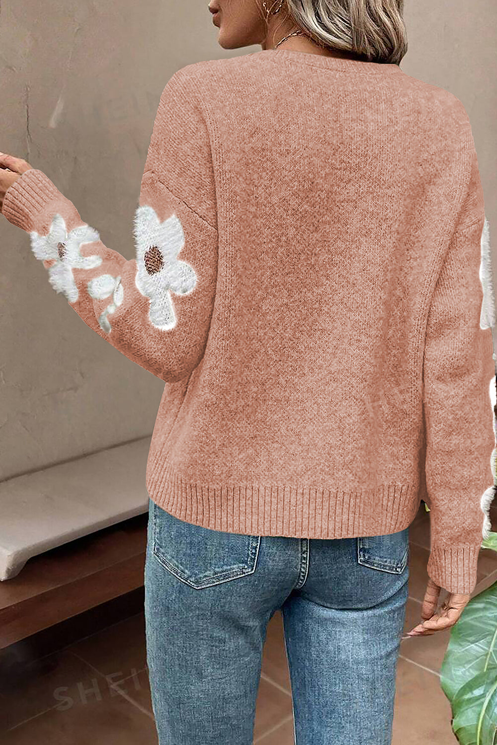 Flower Sleeve Drop Shoulder Sweater