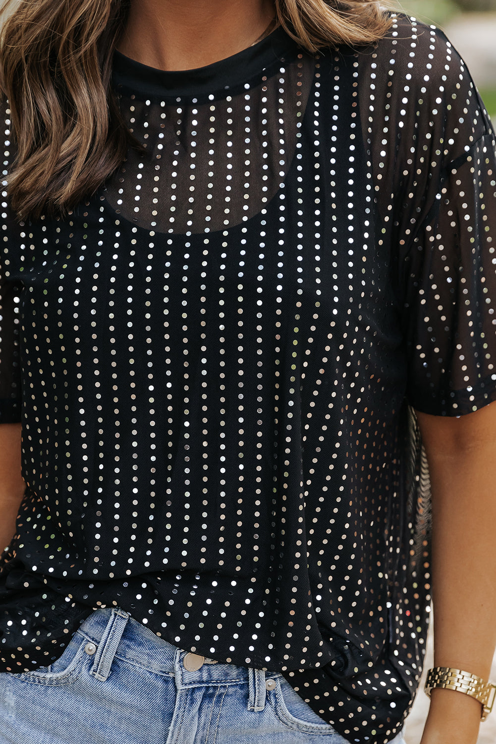 Sequin Drop Shoulder Sheer T-shirt