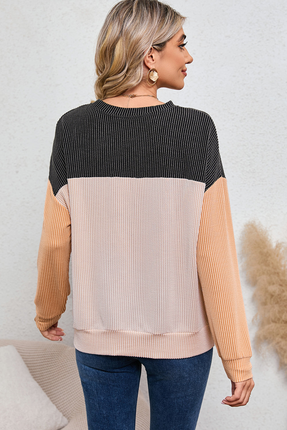 Ribbed Color Block Long Sleeve Top