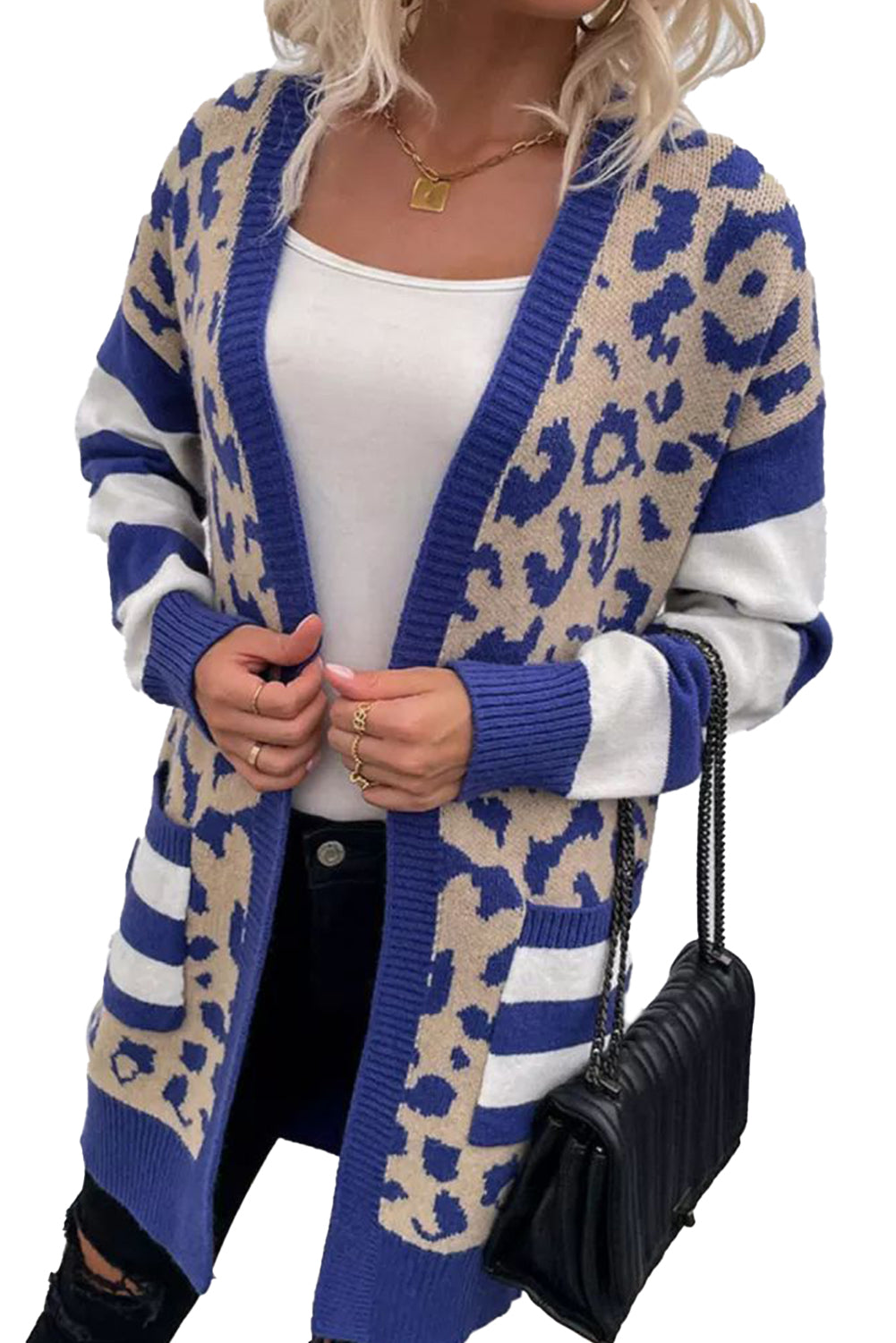 Stripe Sleeve Leopard Print Cardigan