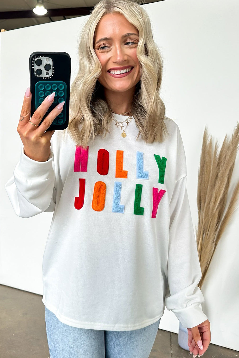 White Chenille Holly Jolly Graphic Long Sleeve Top