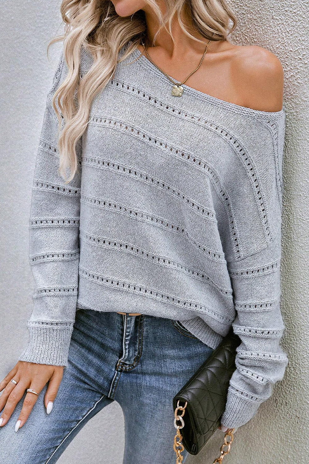 Boat Neck Drop Shoulder Pointelle Knit Sweater