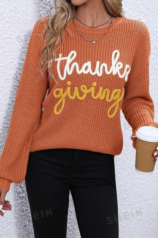 Flame Thanksgiving Letter Graphic Crew Neck Sweater