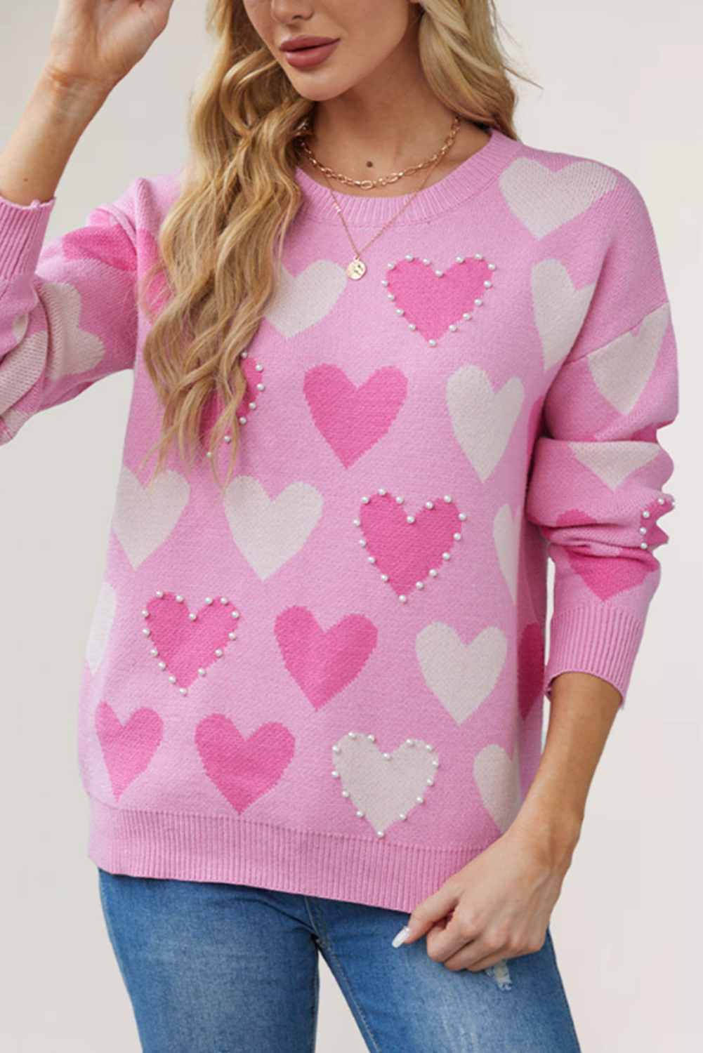 Pink Pearl Heart Graphic Round Neck Sweater