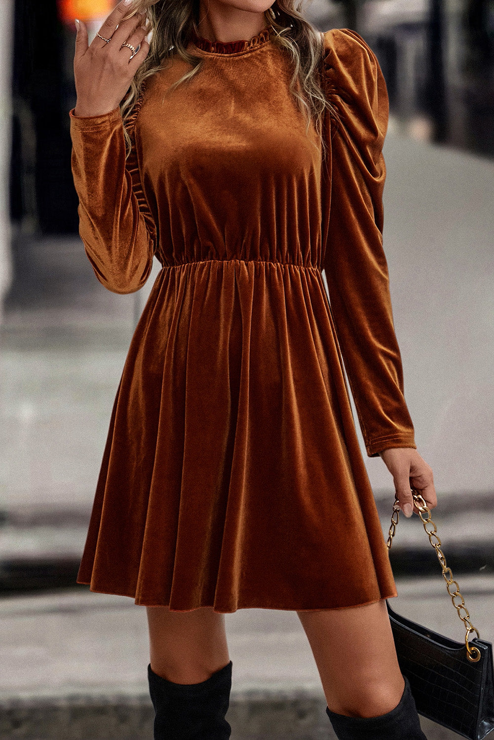 Velvet Frilled Neck Gigot Sleeve Swing Dress