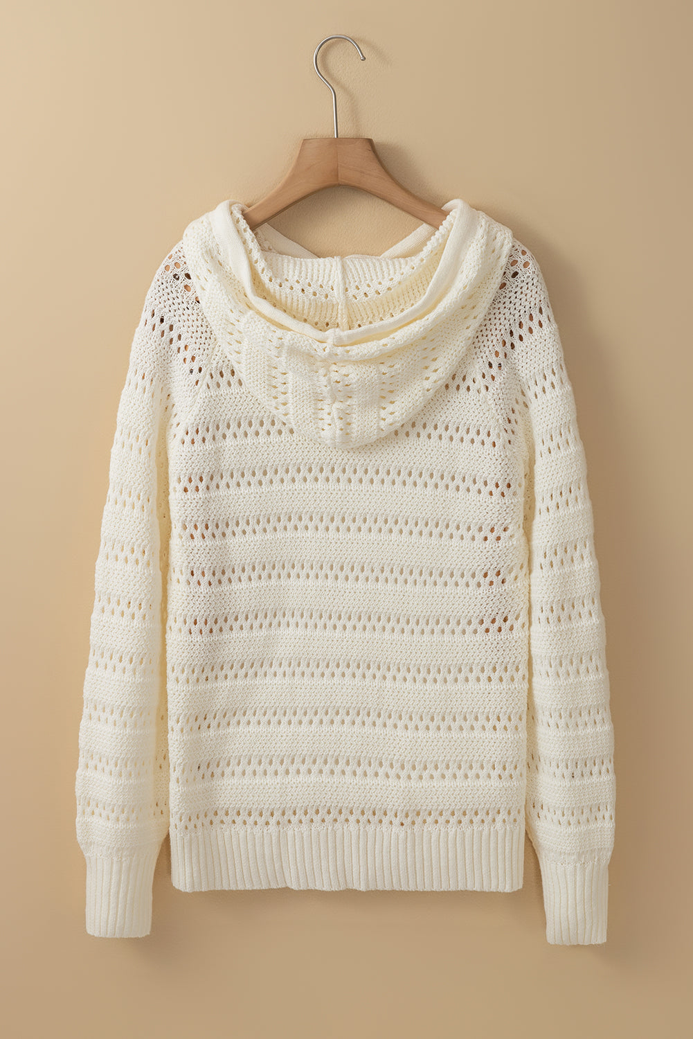 Pointelle Knit Raglan Sleeve Drawstring Hooded Sweater