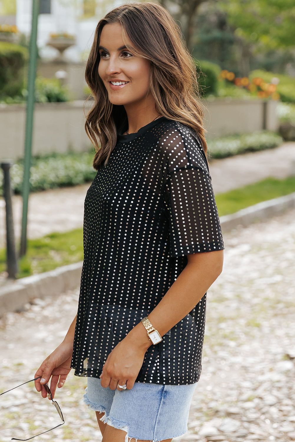 Sequin Drop Shoulder Sheer T-shirt