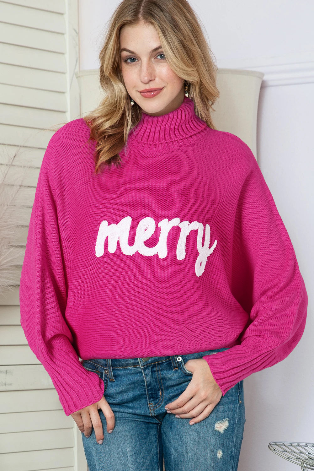 Racing Red Valentine LOVE Letter Embroidered High Neck Sweater