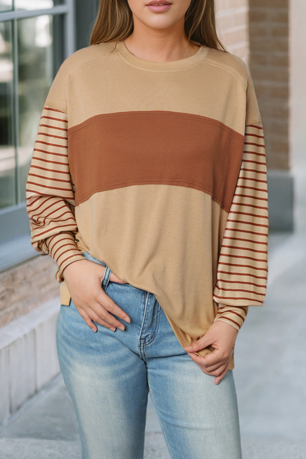 Light French Beige Colorblock Striped Bishop Sleeve Top