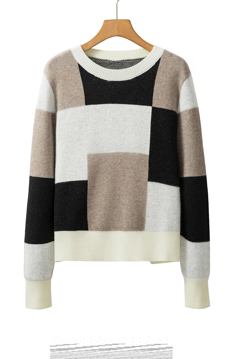 Checkered Colorblock Round Neck Knit Sweater