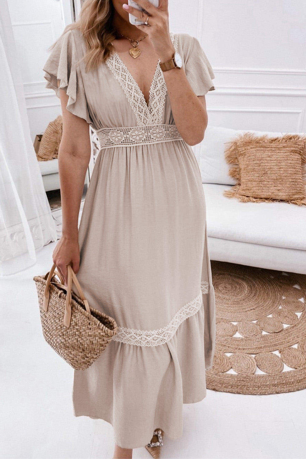 Lace V Neck Ruffled Sleeve Empire Waist Dress