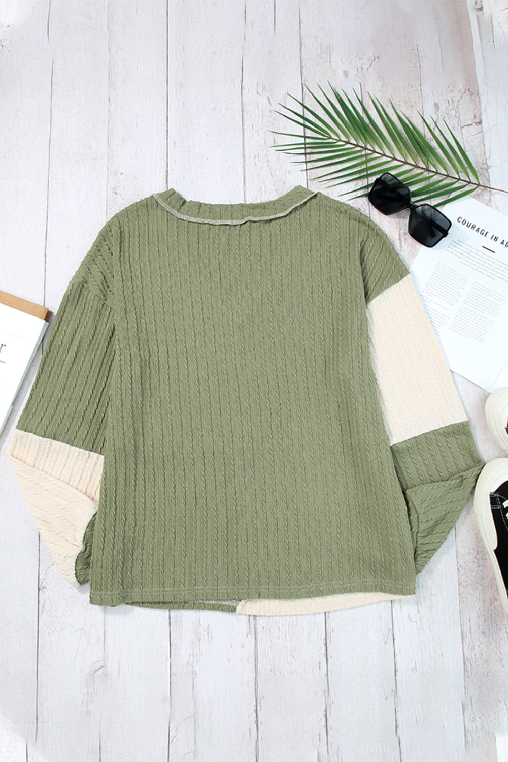 Color Block Textured V Neck Long Sleeve Top